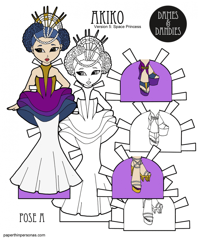 A space princess paper doll featuring a sci-fi inspired gown and shoes. One of hundreds of paper doll designs from paperthinpersoas.com
