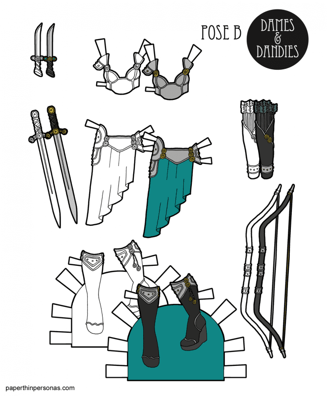 Pulpy fantasy armor for the printable paper doll with boots and a bow. Printable in color or black and white. 