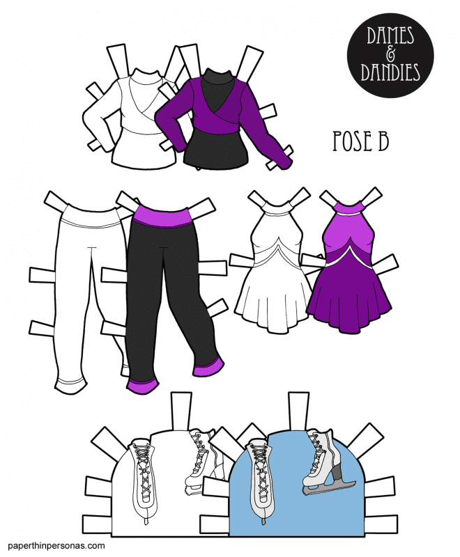 Ice skating paper doll clothing with a performance dress and practice outfit and, of course, ice skates. Available to print in color or black and white for coloring. 