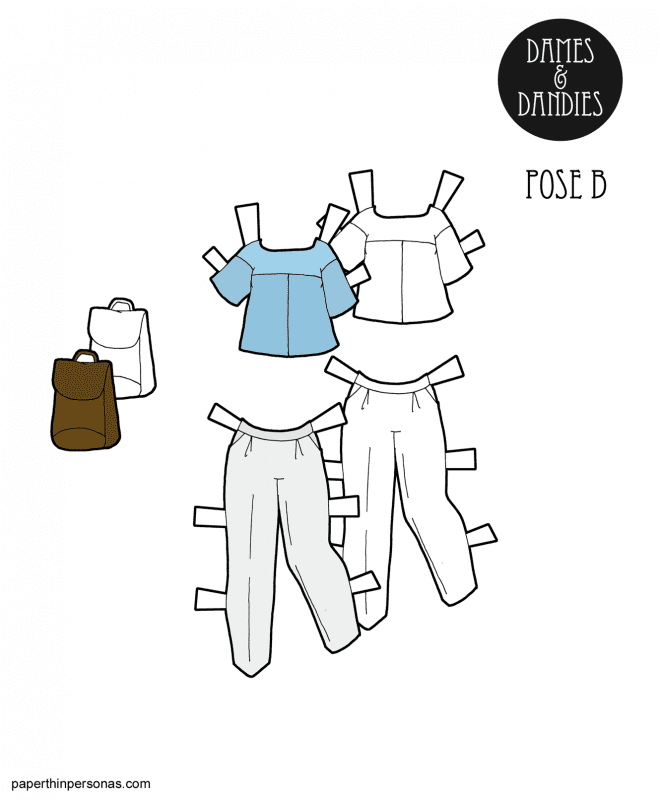 Minimalist fashion paper doll clothing for the B Pose printable paper dolls from PaperThinPersonas.com. A blouse, pants and bag.