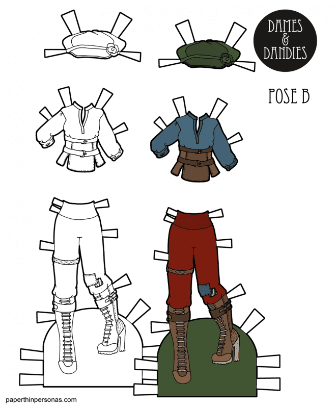 A steampunk paper doll costume for the B Pose paper dolls with pants, boots, hat and shirt. You can print it in color or print it as a coloring page. That's up to you! 
