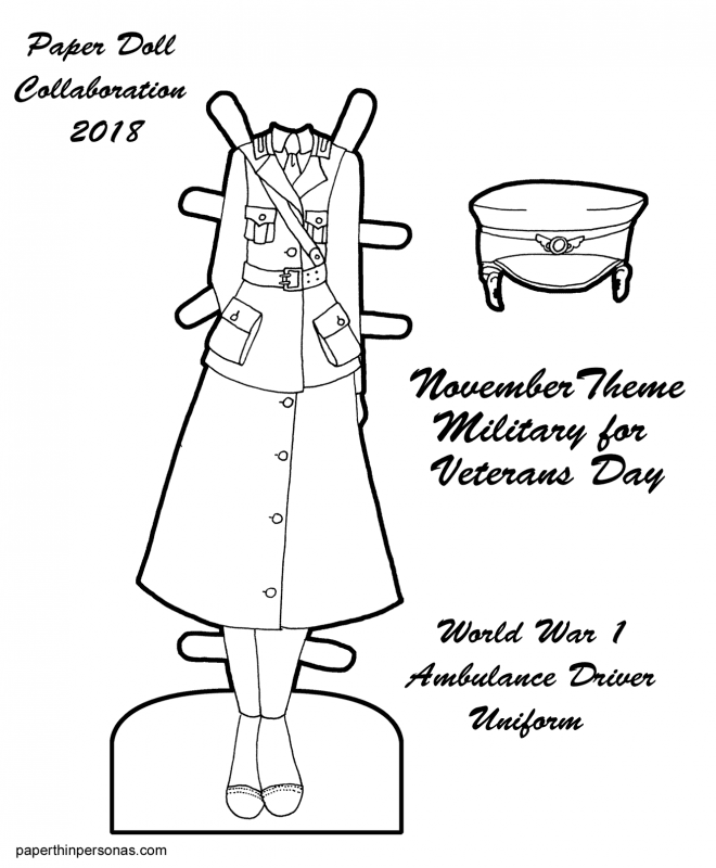 A paper doll coloring page featuring a World War 1 ambulance driver uniform from the Women's Motor Corps of America. A great kid's history activity or homeschooling printable for World War 1 history.
