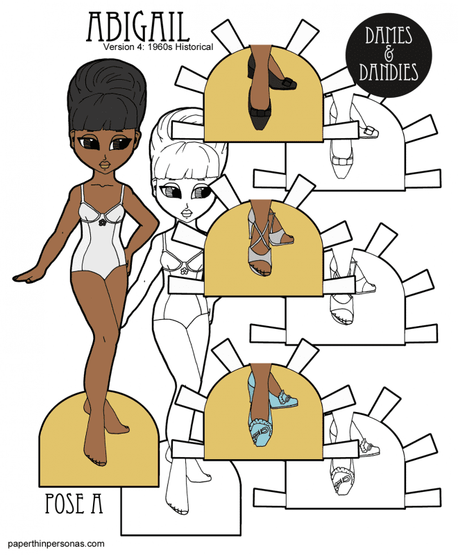 This week's paper doll theme is 1960s styles and here's Abigail with shoes and beehive hair. She wears a body suit and has three pairs of period shoes. 
