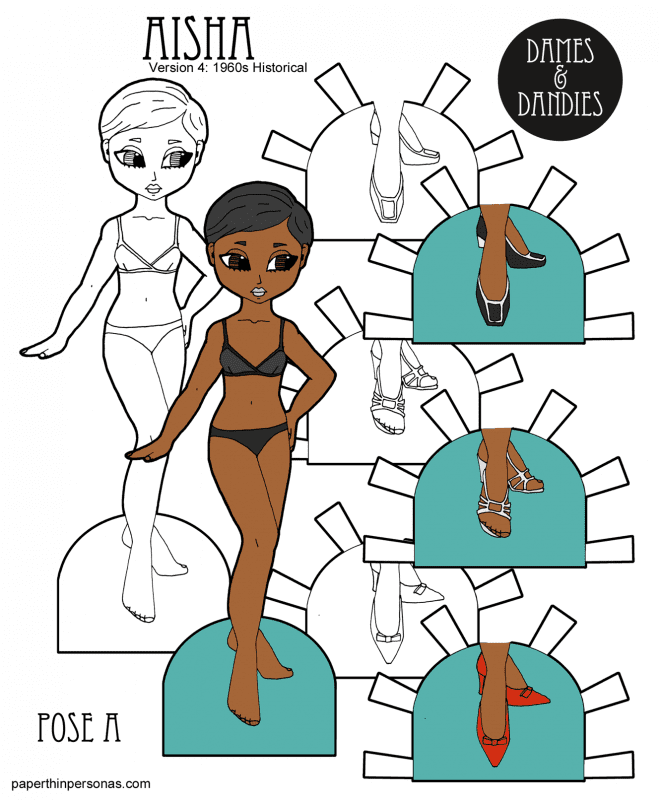 A 1960's Twiggy inspired paper doll with three pairs of historical shoes to print in color or black and white. Her Rudi Gernreich inspired underwear is also historically accurate.