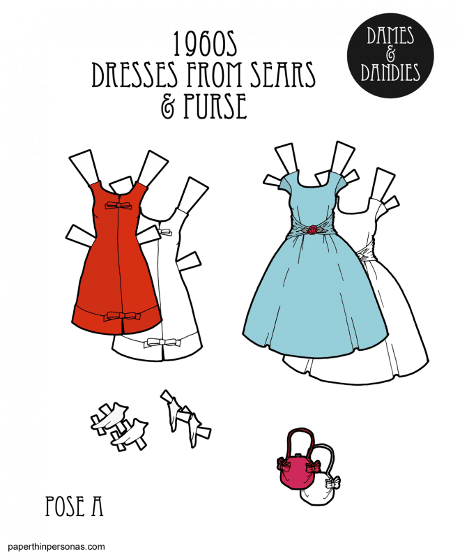 A pair of 1960s paper doll dress straight from the pages of vintage Sears catalogs. Both dresses are available in color or black and white. 