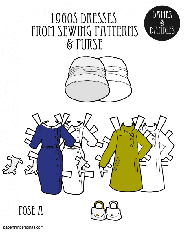 1960s sewing pattern cover inspired paper doll dresses. One from 1961 and one from 1967. Both dresses are historically accurate and free to print.