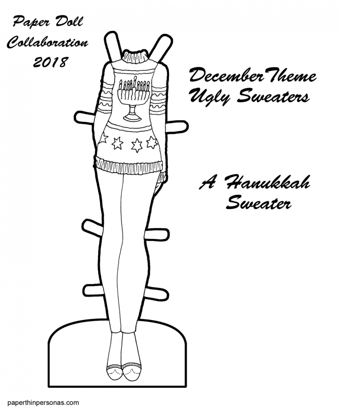 A black and white paper doll coloring page of a Hanukkah sweater, pants and shoes from paperthinpersonas.com. 