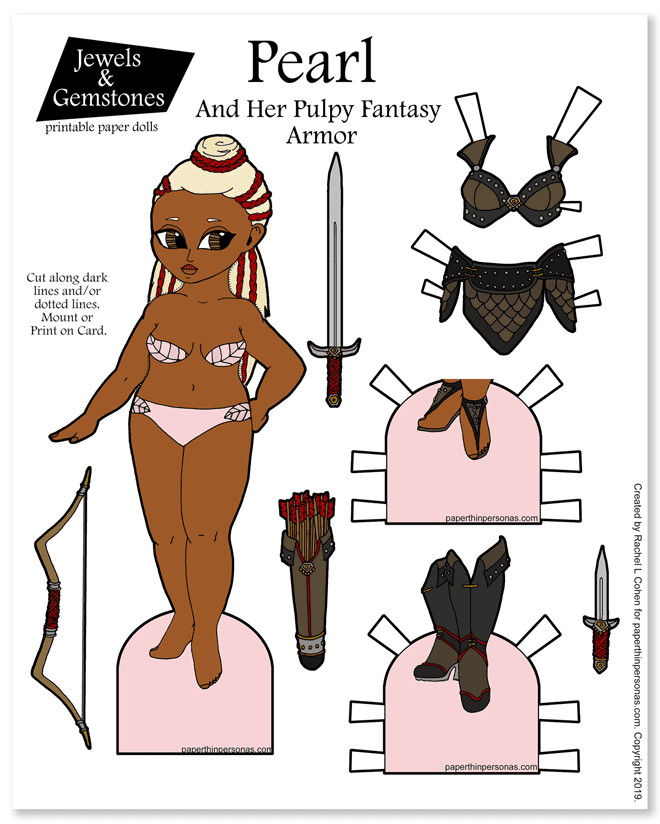 Today's printable paper doll celebrates pulpy fantasy armor. She's got long blond hair with redbraids and leather armor, boots and sandals. Free to print in color or black and white.