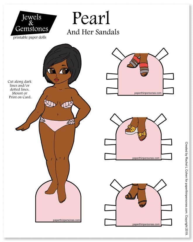 A free printable paper doll with warm brown skin, black hair and lots of sandals. She's printable in color or as a coloring sheet.