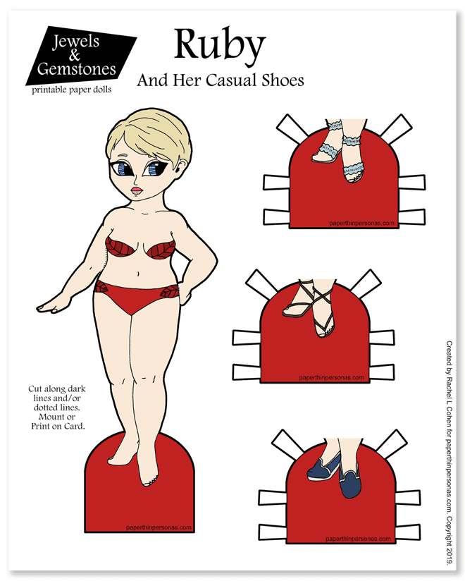 Today's paper doll is a cruvy blond with a pixie cut and sandals. She can be printed in color or as a coloring page.