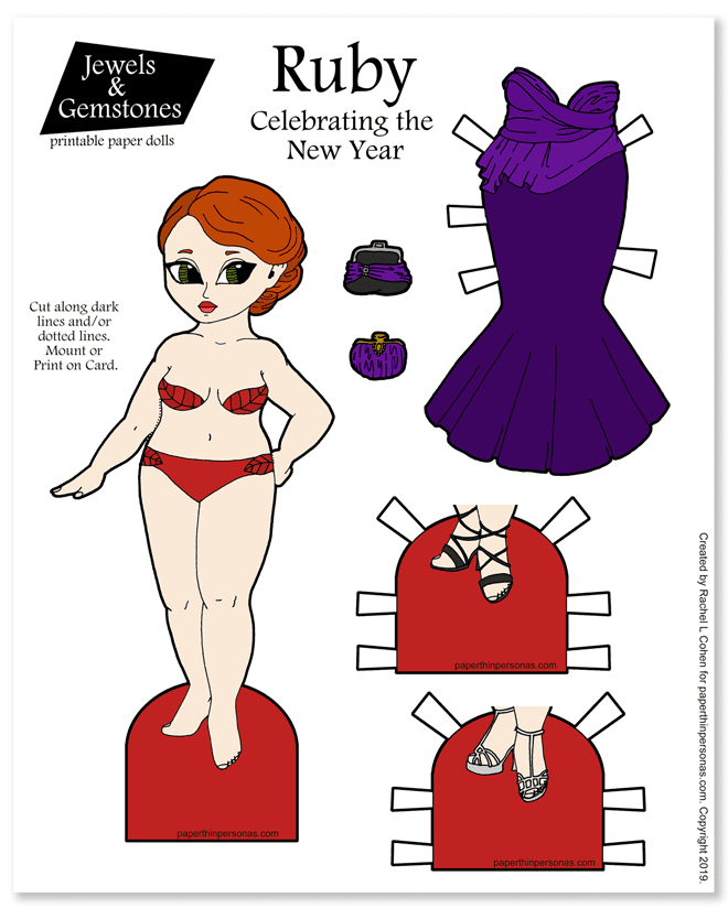 Today's paper doll is a redhead with a gown based on the Marchesa designs, purses and matching shoes. She can be printed in color or in black and white. 
