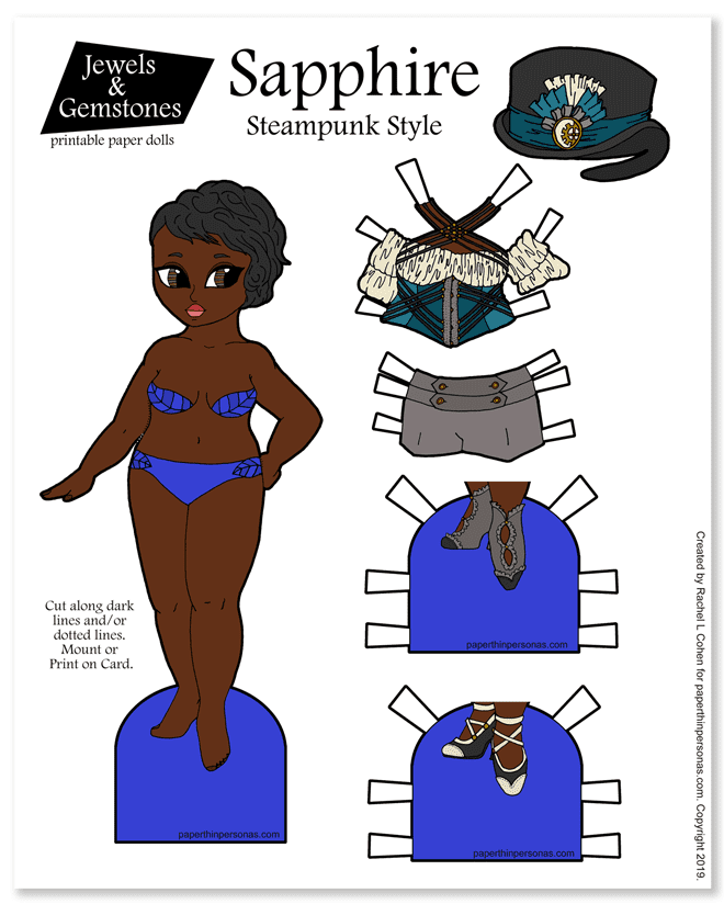 Today's black steampunk paper doll has her own fancy top hat and a great outfit, plus two pairs of shoes. You can print the paper doll in color or black and white, if you like to color. 