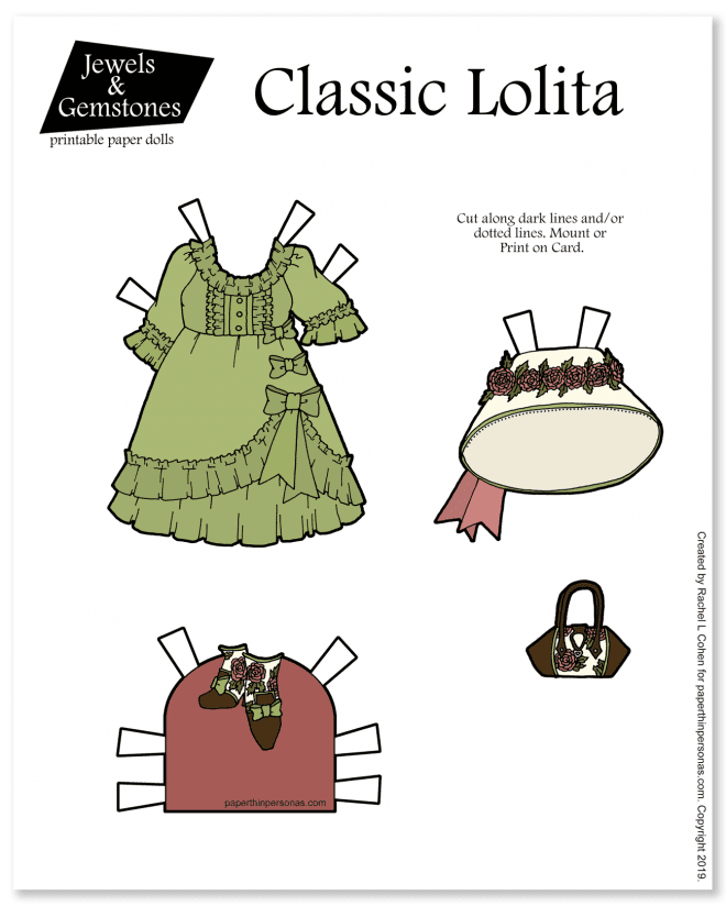 A Classic Lolita inspired coordinate for my printable paper dolls with a purse, hat and shoes.  