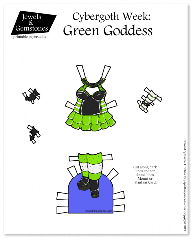 Today's paper doll outfit is a cybergoth dress with boots and furry leg-warmers. It's meant to be printed in color or black and white for coloring. 