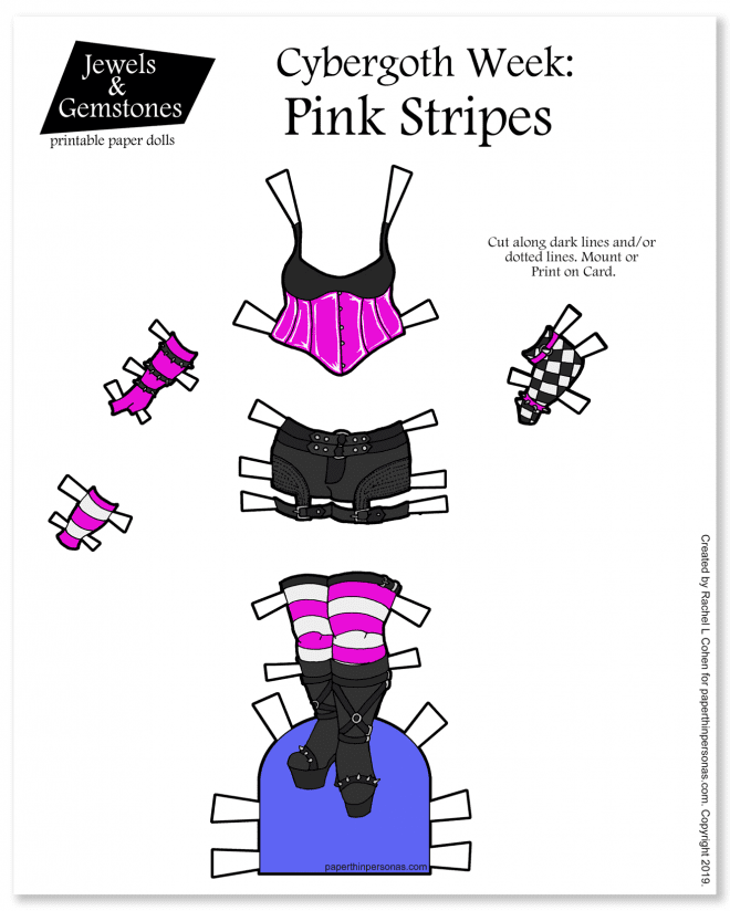 Today's paper doll clothes are inspired by cybergoth fashions. There's shorts, a tank and an under-bust corset, plus platform boots and striped tights.