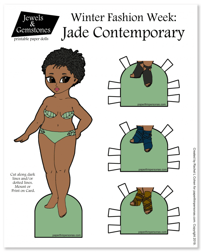 A curvy black paper doll with curly hair and three pairs of boots. Each paper doll can wear any clothing from other paper dolls in the Jewels & Gemstones collection.