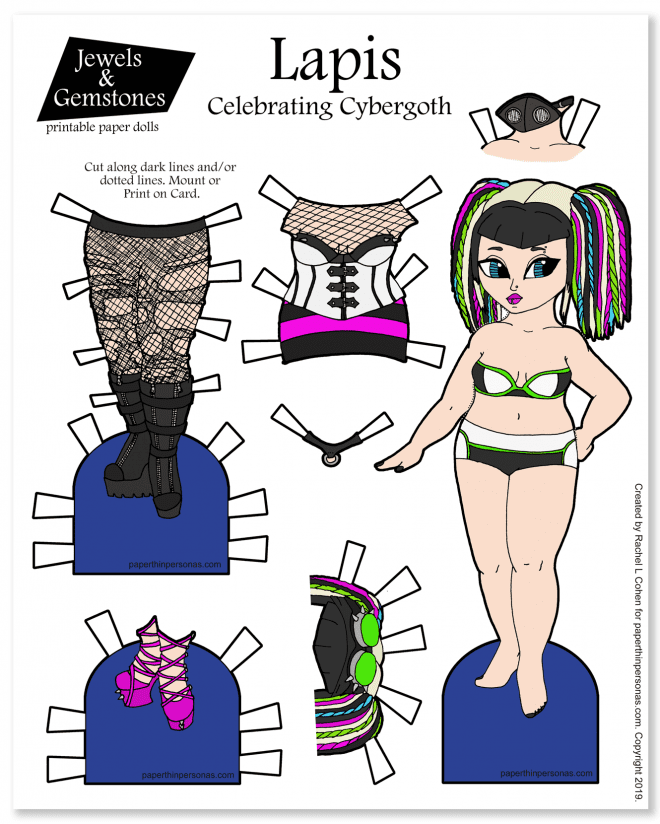 A cybergoth fashion paper doll named Lapis with a dress and two pairs of shoes. She's free to print in color or as a coloring page. 