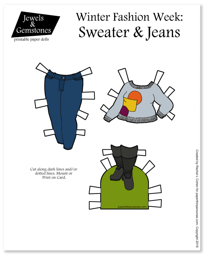 Sweaters and Jeans for printable paper dolls today. You can print these in color or black and white for coloring. You decide.