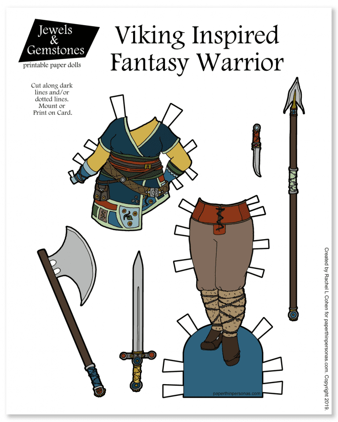 A viking woman warrior fantasy outfit with trousers, tunic and weapons. The weapons are critical to the design. A free printable art design in color or black and white.