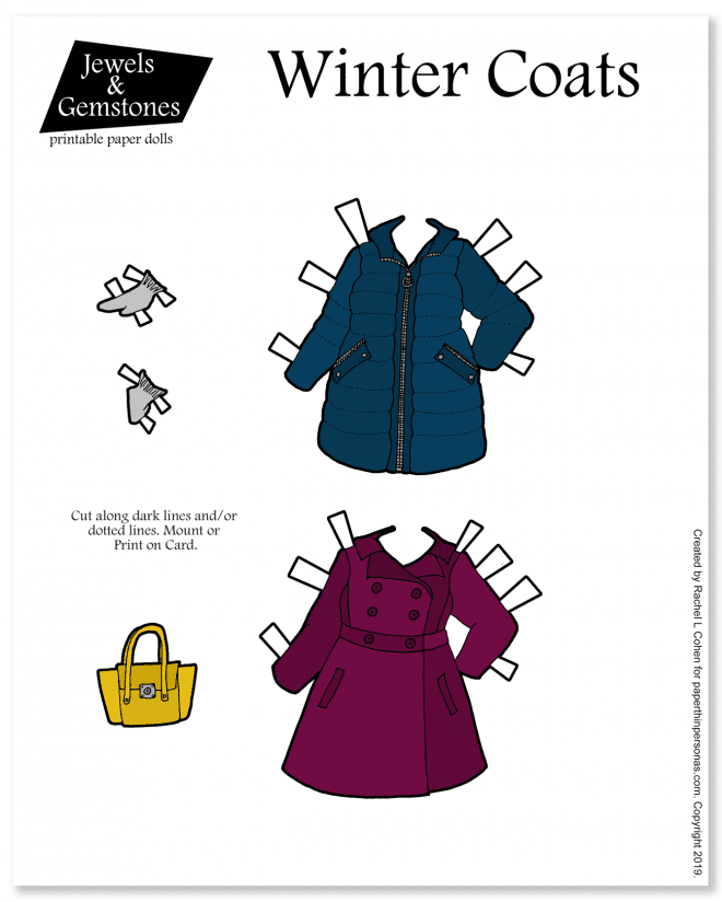 Winter coats for paper dolls! Paper dolls need to stay warm too and they can in this tailored wool coat and puffer coat, with accessories like gloves. 