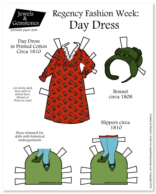 A paper doll dress inspired by the regency era- it's a printed cotton dress from 1810 with a bonnet and shoes. The historical paper doll clothing is free to print and play with.
