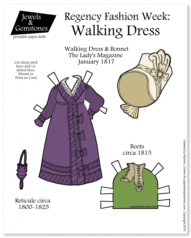An 1817 walking dress design taken from a fashion plate in the Lady's Magazine for the printable paper dolls I create. There's a matching bonnet, boots and bag. 