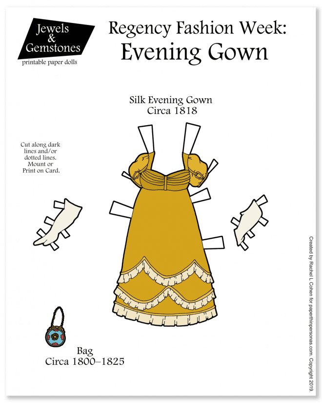 A golden yellow regency ballgown for the printable paper dolls with matching bag and gloves. Free to print in color or black and white for coloring. Great history activity for homeschooling.