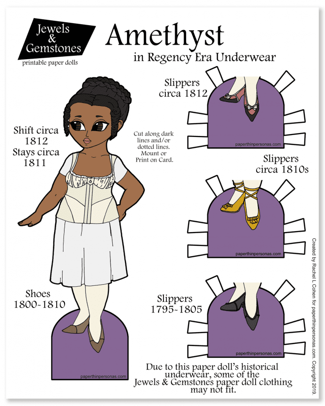 A beautiful curvy paper doll with her regency period underwear based on primary sources. This regency paper doll has three pairs of shoes and several dresses forthcoming. You can print her in color or black and white for coloring.