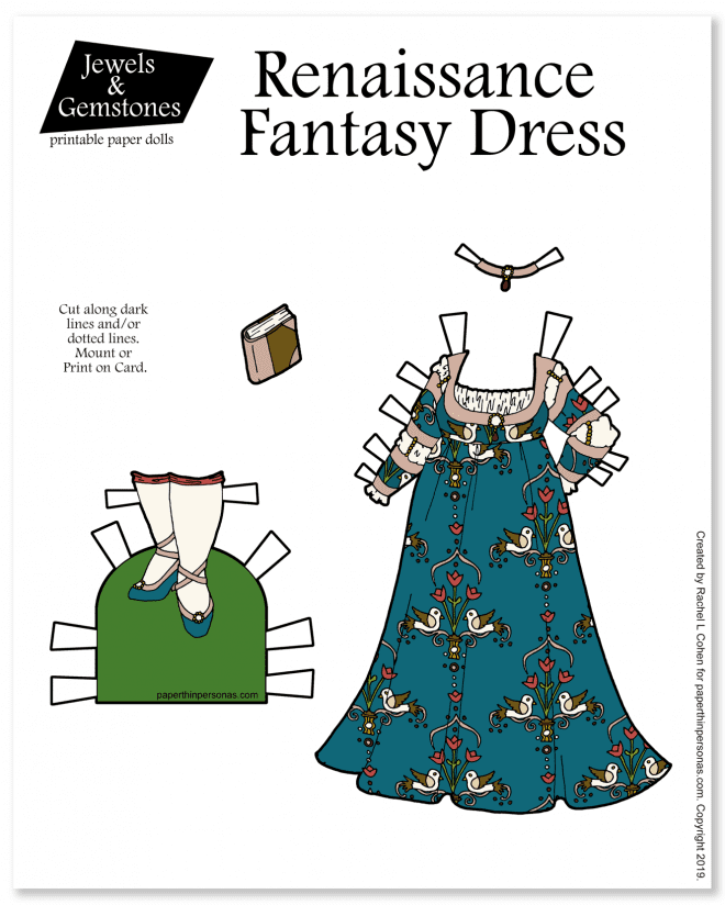A fantasy dress inspired by Renaissance designs with an elaborate pattern of birds and flower for the Jewels and Gemstones. Available in black and white or color. 