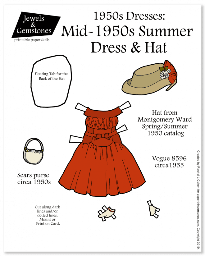 A lovely Mid-1950s Summer Dress with hat. The dress is from Vogue in 1955. The hat is from Montgomery Ward in 1950. The purse is from Sears. 