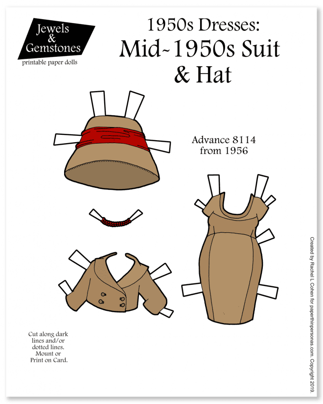 A fitted suit from 1956 with bucket hat and matching necklace. Free to print from paperthinpersonas.com. 