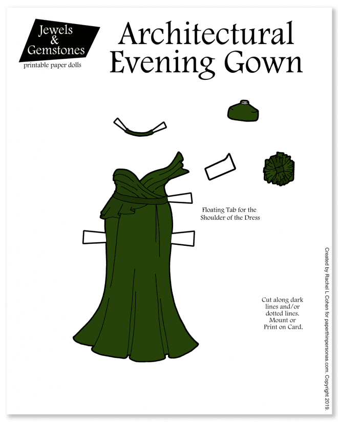 A beautiful architectural eveninf gown in green with a origami style bodice for the paper dolls to print.