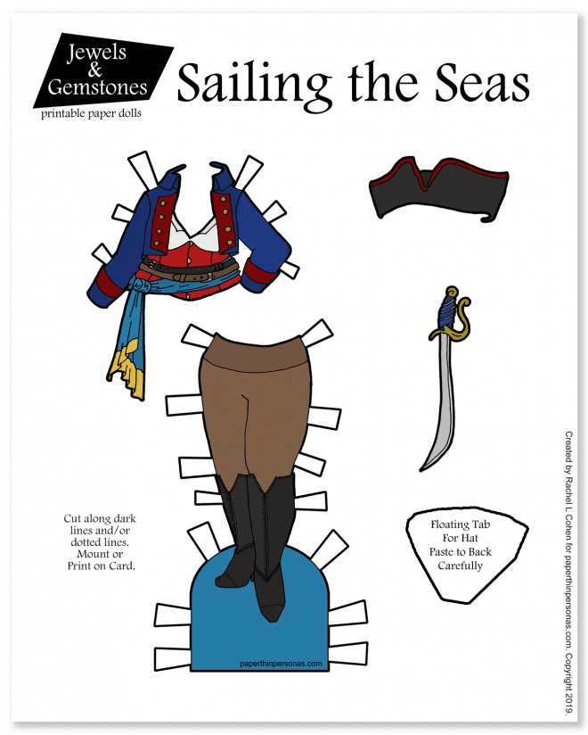 We're having fun with pirates today with a printable pirate costume for the paper dolls including a top, hat, sword, pants and boots. 