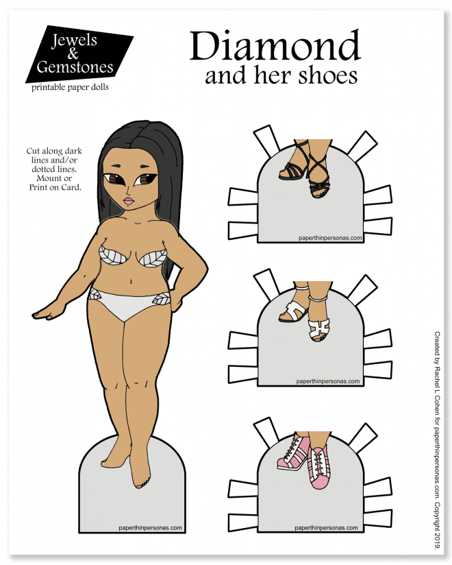An Asian printable paper doll with three pairs of shoes. Print her in color or as a coloring page. 