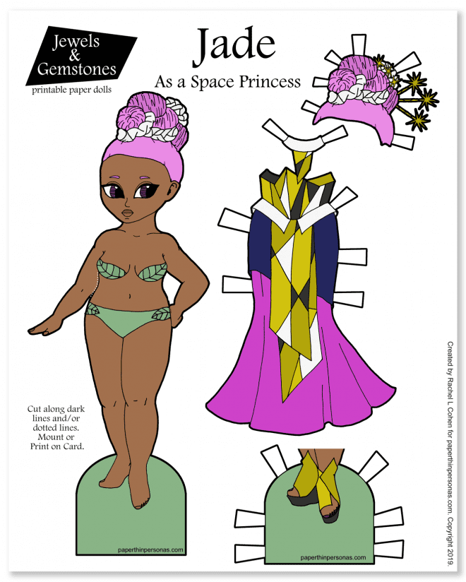 A printable paper doll celebrating Space Princesses with pink hair and an elegant futuristic gown. 