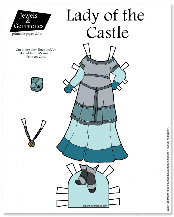 A colorful printable paper doll dress inspired by the medieval period and you can print it in color or in black and white for coloring.