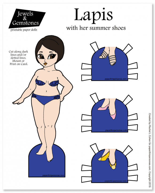 A dark haired paper doll with summer shoes. Free to print from paperthinpersonas.com