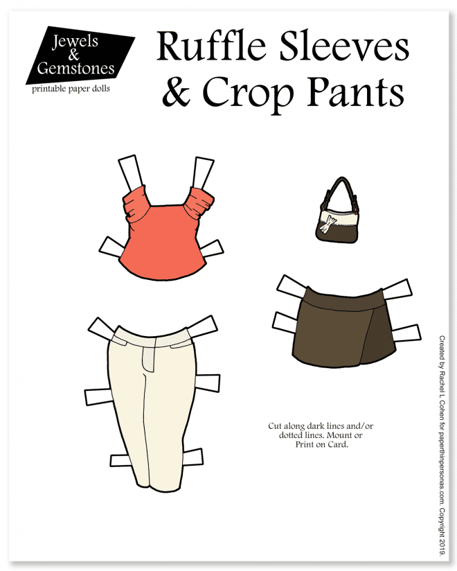 Summer time paper doll clothing with a coral blouse with ruffled sleeves, crop pants and a wrap skirt. Free to print from paperthingpersonas.com. 