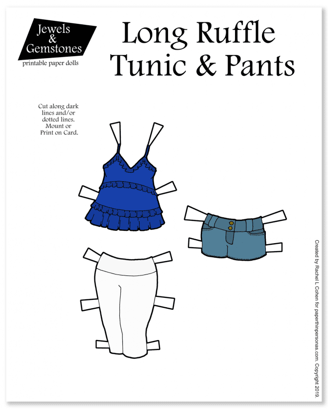 A ruffled tunic inspired by the Spring 2019 fashion trends for the Jewels and Gemstones curvy paper dolls series. Also, shorts and cropped pants. 