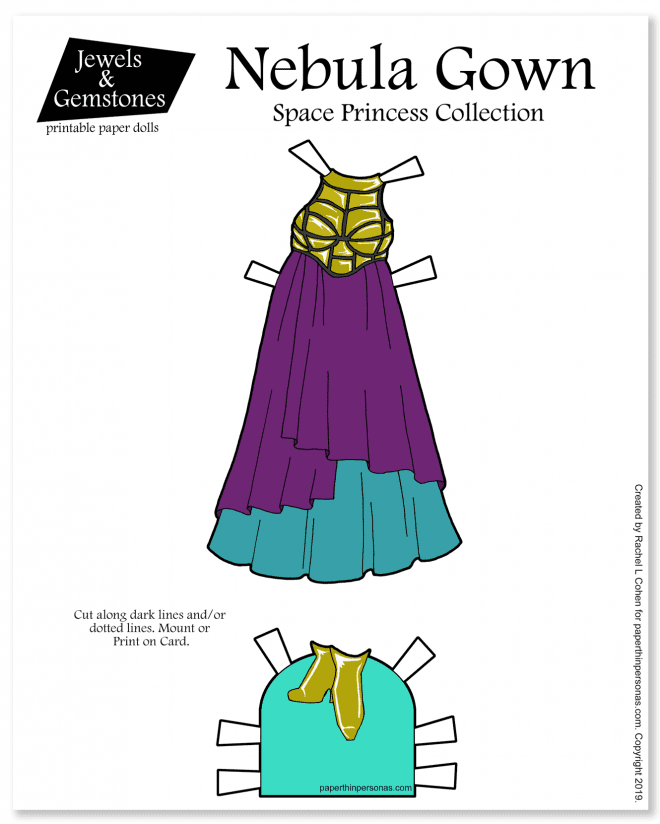 A futuristic princess gown with a armored bodice in gold and a layered skirt. Part of the Space Princess gown collection from Paper Thin Personas for the Jewels and Gemstones collection.
