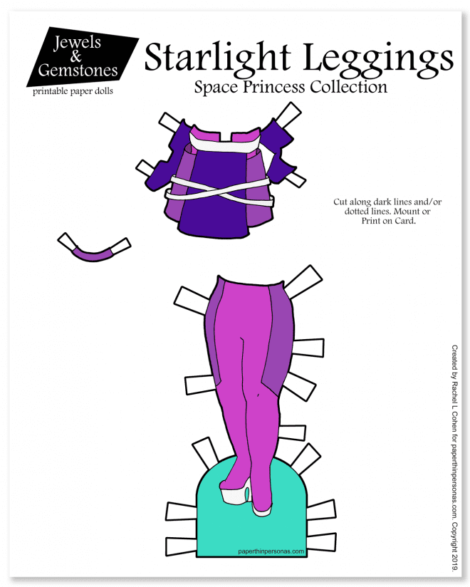 Futuristic space princess paper doll outfit in pinks and purples. Free to print in color or black and white.