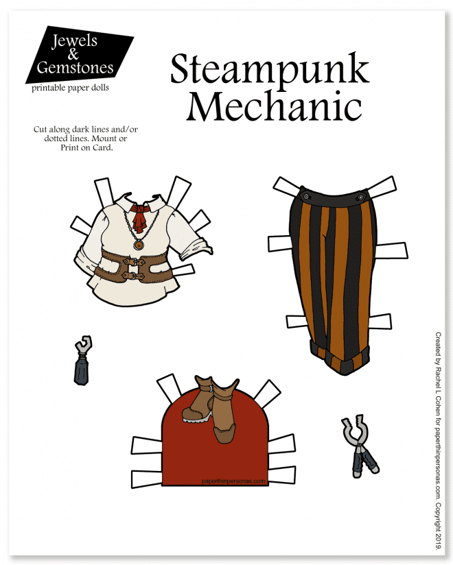 A set of printable paper doll clothing with striped trousers, shirt and boots in a steampunk style from paperthinpersonas.com. Includes tools as an accessory and can be printed in color or black and white for coloring.