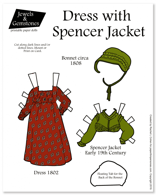 A Regency era round gown from 1802 in printed cotton with a Spencer jacket and bonnet for the Jewels and Gemstones Printable paper dolls. You can print the paper doll set in color or black and white for coloring. Free to print from paperthinpersonas.com. 