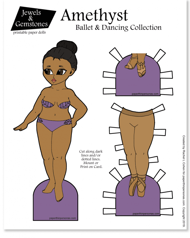 A curvy paper doll with brown skin, black hair, a pair of modern dance shoes and a pair of toe shoes. Free to print and she can wear any of the clothing from the Jewels and Gemstones collection. 