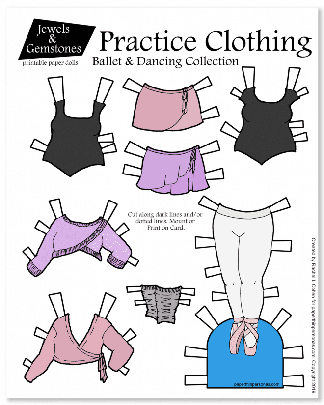 A set of dancing clothing with two leotards, two skirts and two wrap sweaters with tights and toe shoes for the curvy Jewels and Gemstones paper dolls.
