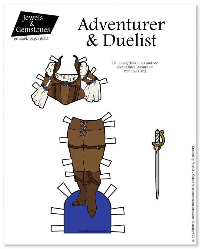 An fantasy adventurer in paper doll form with a leather bodice and leggings for the Jewels and Gemstones paper dolls.