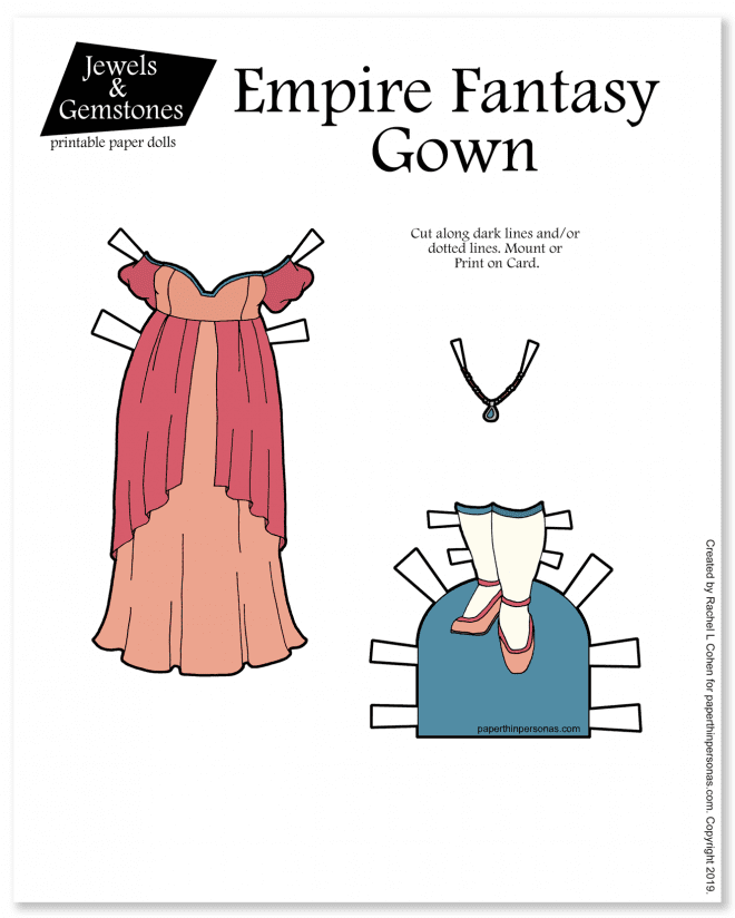 A pretty fantasy gown with an empire silhouette and over the shoulder puffed sleeves. Printable in color or black and white for coloring. 