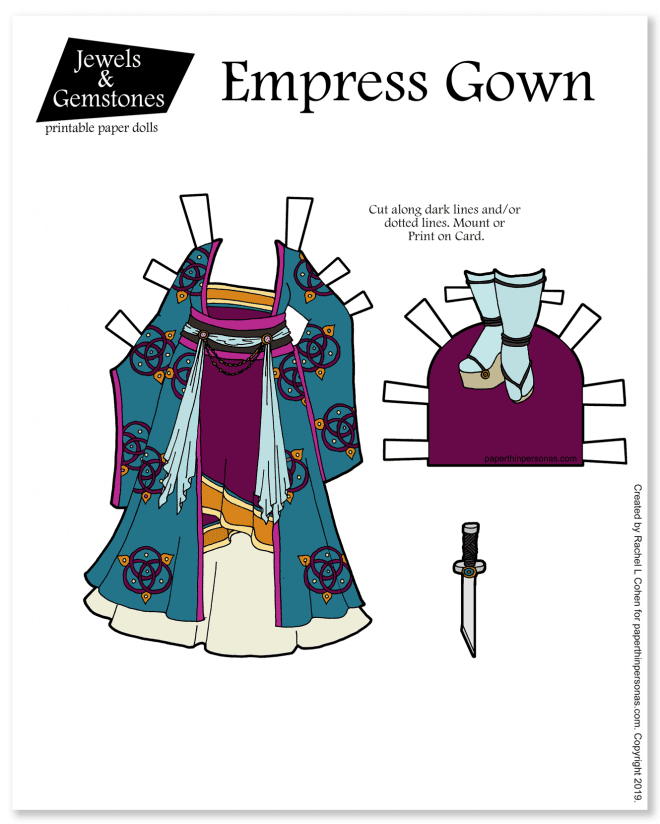 A fantasy gown for the printable paper doll series Jewels and Gemstones inspired by the Tang Dynasty of China, but not historically accurate at all. Printable in color or black and white for coloring. 