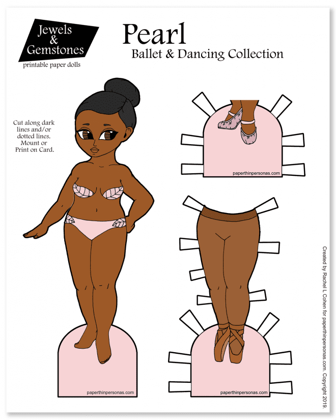 A ballerina paper doll with en pointe shoes and practice slippers. She can share any of the paper doll clothing from the Jewels and Gemstones series.