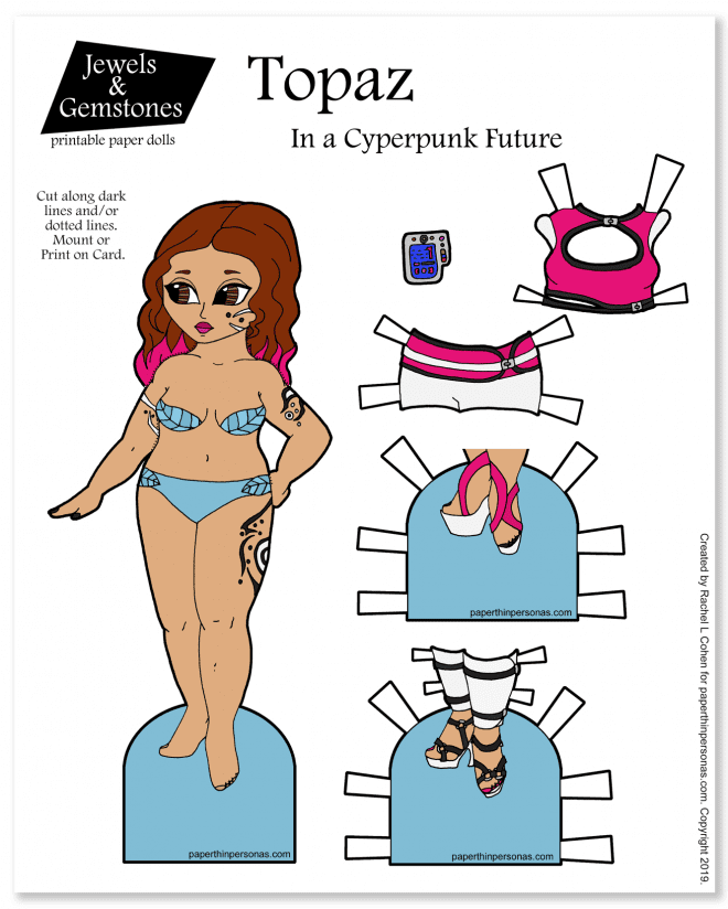A cyberpunk inspired paper doll with multi-colored hair and an outfit to print from paperthinpersonas.com.